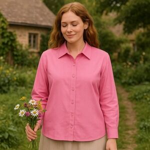 Quacker Factory Women's M Pink Button Up Shirt Rhinestone‎ Cottagecore Glam